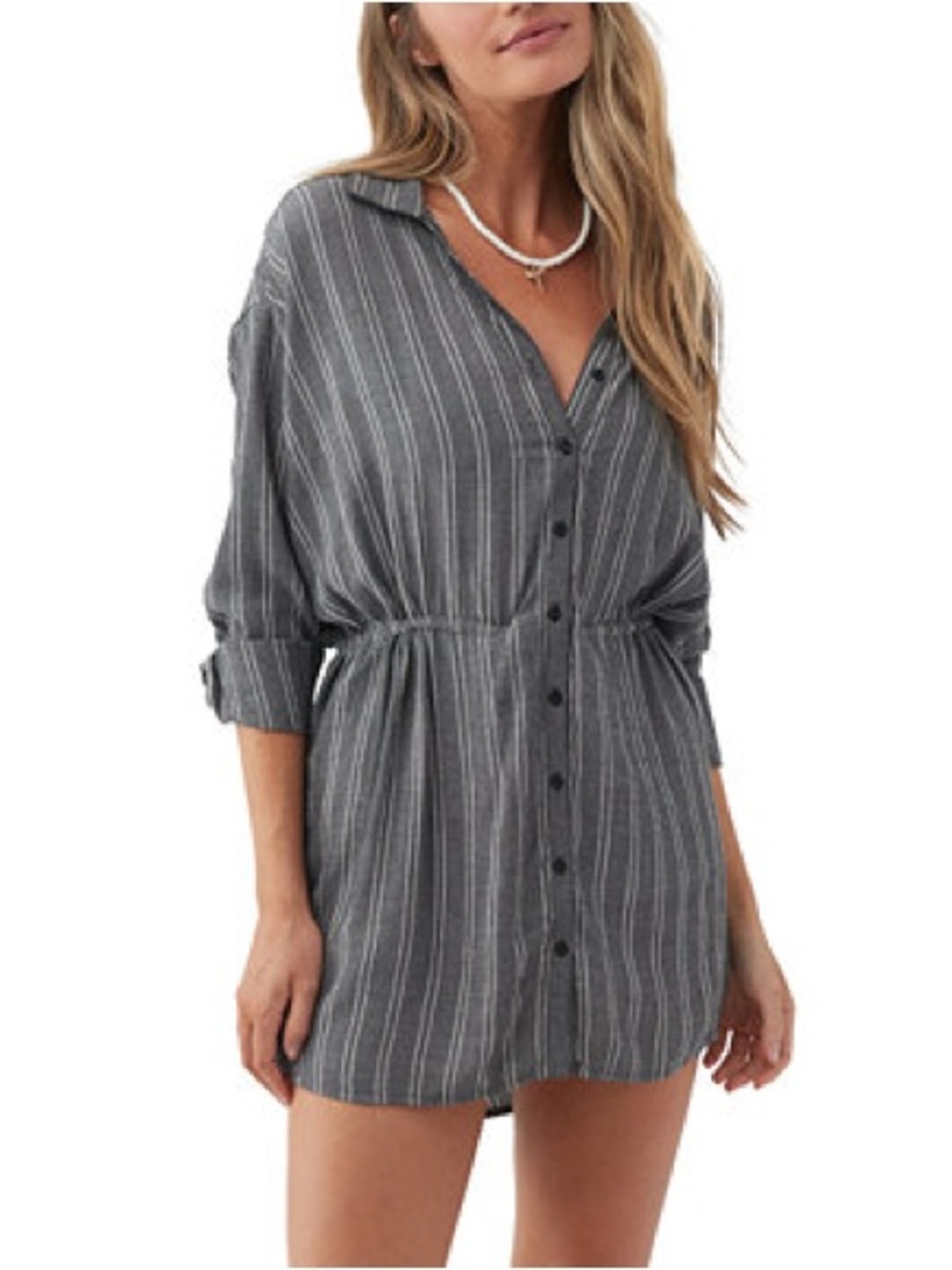 O'Neill Gray Striped Button-Front Swim Cover-Up Dress